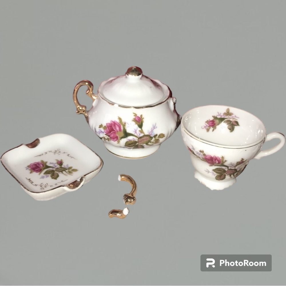 Vtg UCAGCO Old Rose DEMITASSE Ashtray Cup Sugar Bo